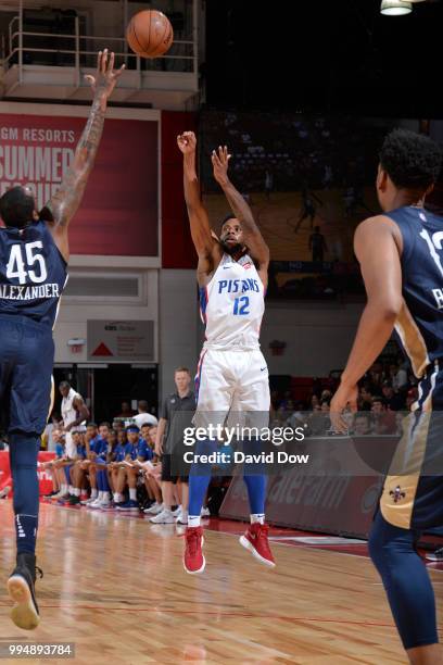 Larry Drew II of the Detroit Pistons shoots the ball against the New Orleans Pelicans during the 2018 Las Vegas Summer League on July 9, 2018 at the...