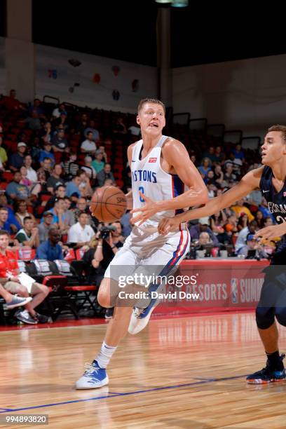 Henry Ellenson of the Detroit Pistons handles the ball against the New Orleans Pelicans during the 2018 Las Vegas Summer League on July 9, 2018 at...