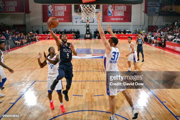 Chasson Randle of the New Orleans Pelicans goes to the basket against the Detroit Pistons during the 2018 Las Vegas Summer League on July 9, 2018 at...