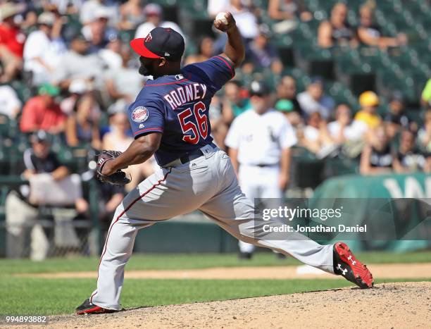 Fernando Rodney of the Minnesota Twins pitches against the Chicago White Sox at Guaranteed Rate Field on June 28, 2018 in Chicago, Illinois. The...