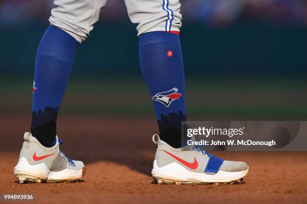 Cleats and socks of a player from Toronto Blue Jays at game against the Los Angeles Angels. Anaheim, CA 6/23/2018 CREDIT: John W. McDonough