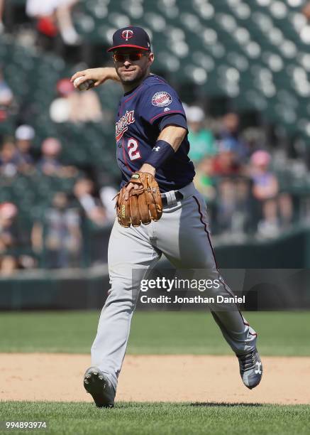 Brian Dozier of the Minnesota Twins throws to first base against the Chicago White Sox at Guaranteed Rate Field on June 28, 2018 in Chicago,...