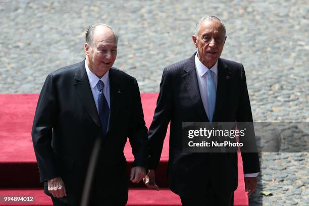 Portugal's President Marcelo Rebelo de Sousa welcomes Prince Karim Aga Khan IV during an official visit at the Belem Palace in Lisbon, Portugal, on...