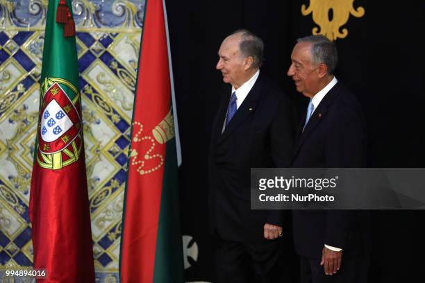 Portugal's President Marcelo Rebelo de Sousa welcomes Prince Karim Aga Khan IV during an official visit at the Belem Palace in Lisbon, Portugal, on...