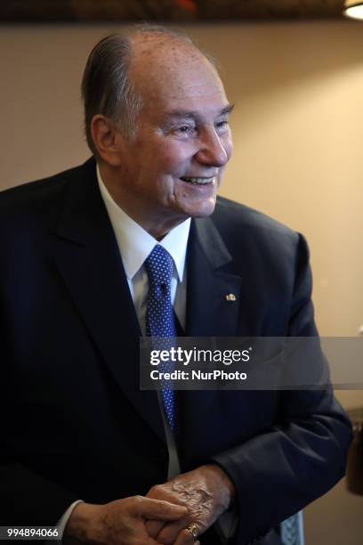 Prince Karim Aga Khan IV smiles to Portugal's President Marcelo Rebelo de Sousa during an official visit at the Belem Palace in Lisbon, Portugal, on...