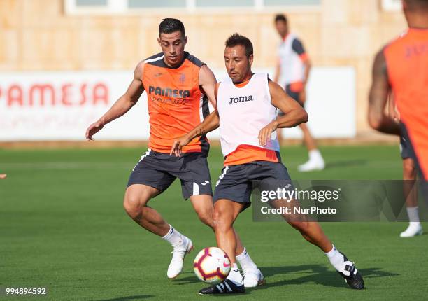 Ramiro Funes Mori and Santi Cazorla of Villarreal CF during the first training of the season 2018-2019, at Ciudad Deportiva of Miralcamp, 9 July 2018...