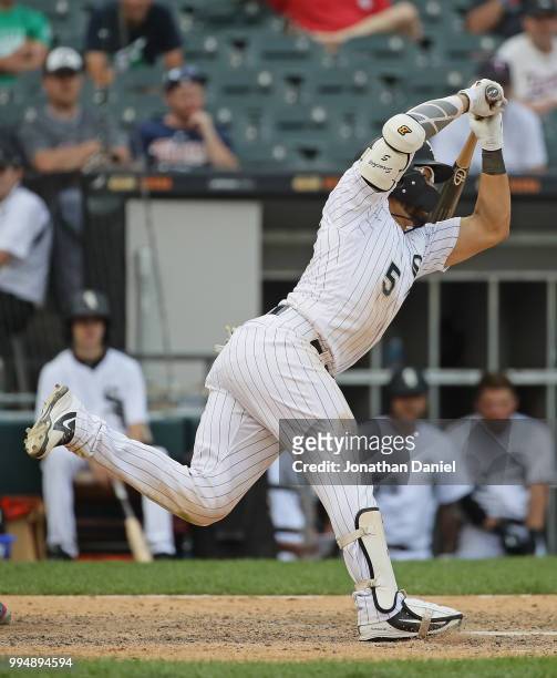 Yolmer Sanchez of the Chicago White Sox moves away from an inside pitch against the Minnesota Twins at Guaranteed Rate Field on June 28, 2018 in...