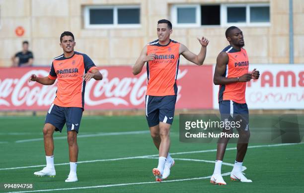 Pablo Fornals, Ramiro Funes Mori and Karl Toko Ekambi of Villarreal CF during the first training of the season 2018-2019, at Ciudad Deportiva of...