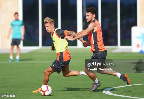 Samu Castillejo and Alfonso Pedraza of Villarreal CF during the first training of the season 2018-2019, at Ciudad Deportiva of Miralcamp, 9 July 2018...