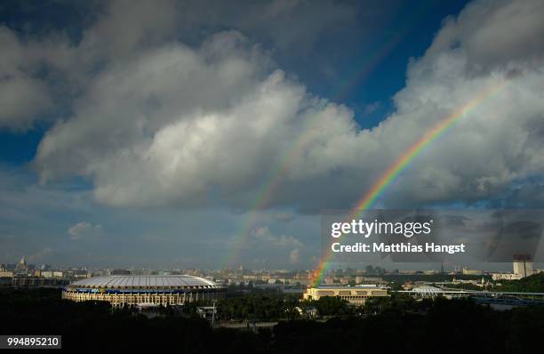 General view of the Luzhniki Stadium with a rainbow ahead of the 2018 FIFA World Cup semi-final match between England and Croatia on July 9, 2018 in...