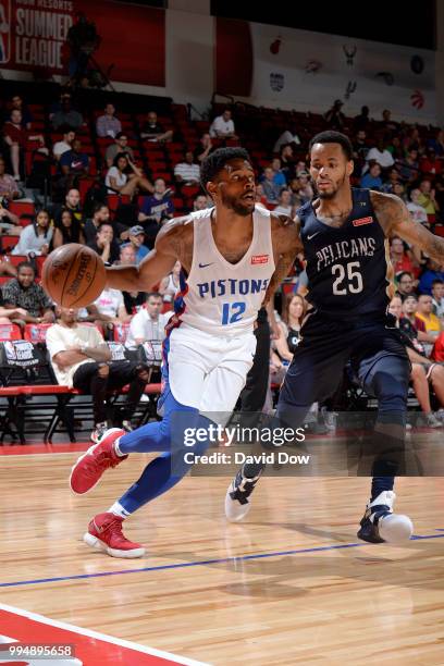 Larry Drew II of the Detroit Pistons handles the ball against the New Orleans Pelicans during the 2018 Las Vegas Summer League on July 9, 2018 at the...