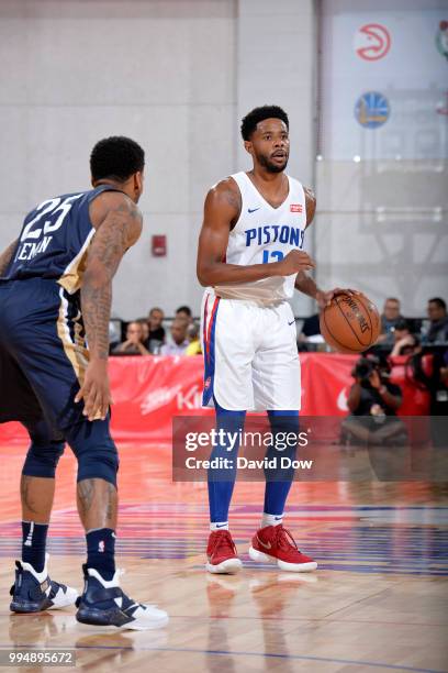 Larry Drew II of the Detroit Pistons handles the ball against the New Orleans Pelicans during the 2018 Las Vegas Summer League on July 9, 2018 at the...