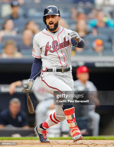 Nick Markakis of the Atlanta Braves reacts at bat in an interleague MLB baseball game against the New York Yankees on July 3, 2018 at Yankee Stadium...