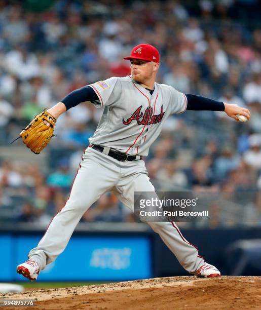 Pitcher Sean Newcomb of the Atlanta Braves pitches in an interleague MLB baseball game against the New York Yankees on July 3, 2018 at Yankee Stadium...