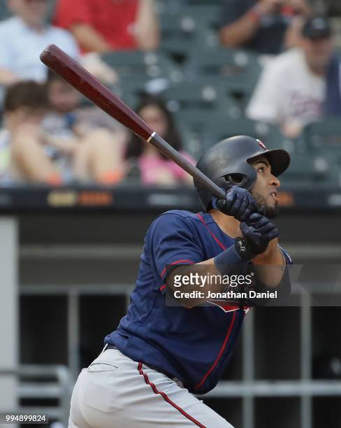 Eddie Rosario of the Minnesota Twins bats against the Chicago White Sox at Guaranteed Rate Field on June 28, 2018 in Chicago, Illinois. The Twins...