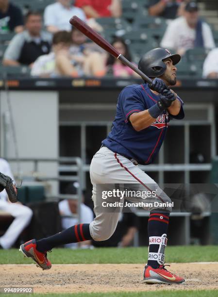 Eddie Rosario of the Minnesota Twins bats against the Chicago White Sox at Guaranteed Rate Field on June 28, 2018 in Chicago, Illinois. The Twins...