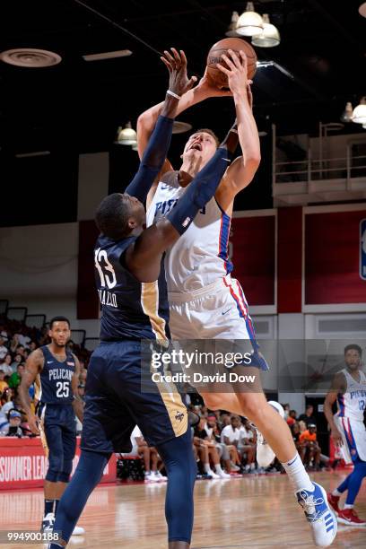 Henry Ellenson of the Detroit Pistons goes to the basket against the New Orleans Pelicans during the 2018 Las Vegas Summer League on July 9, 2018 at...