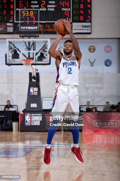 Larry Drew II of the Detroit Pistons shoots the ball against the New Orleans Pelicans during the 2018 Las Vegas Summer League on July 9, 2018 at the...