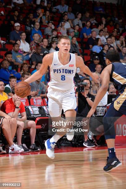 Henry Ellenson of the Detroit Pistons handles the ball against the New Orleans Pelicans during the 2018 Las Vegas Summer League on July 9, 2018 at...