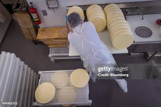 An employee places San Geronimo cheese wheels on racks to dry at the Nicasio Valley Cheese Co. Facility in Nicasio, California, U.S., on Friday, July...