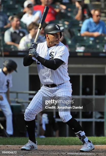 Avisail Garcia of the Chicago White Sox bats against the Minnesota Twins at Guaranteed Rate Field on June 28, 2018 in Chicago, Illinois. The Twins...