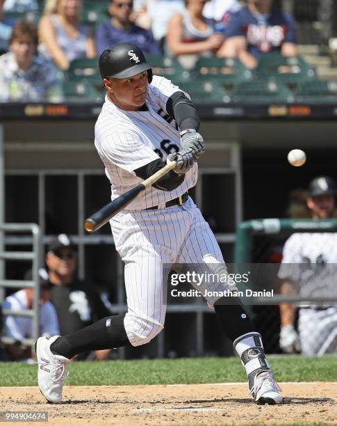 Avisail Garcia of the Chicago White Sox bats against the Minnesota Twins at Guaranteed Rate Field on June 28, 2018 in Chicago, Illinois. The Twins...