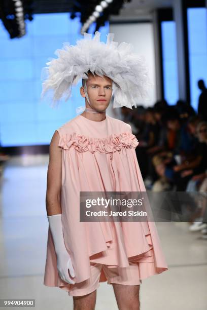 Model walks the runway at the Alessandro Trincone fashion show during Men's Fashion Week at Cadillac House on July 9, 2018 in New York City.