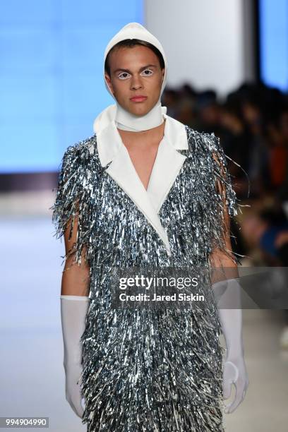 Model walks the runway at the Alessandro Trincone fashion show during Men's Fashion Week at Cadillac House on July 9, 2018 in New York City.