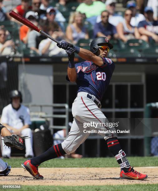 Eddie Rosario of the Minnesota Twins bats against the Chicago White Sox at Guaranteed Rate Field on June 28, 2018 in Chicago, Illinois.