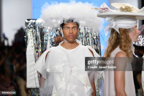 Models walk the runway during the finale at the Alessandro Trincone fashion show during Men's Fashion Week at Cadillac House on July 9, 2018 in New...