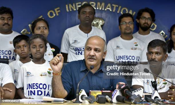 Deputy Chief Minister Manish Sisodia speaks during a press conference along with the 20 participants who travelled to seven UNESCO sites within 12...