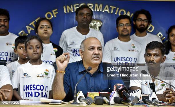 Deputy Chief Minister Manish Sisodia speaks during a press conference along with the 20 participants who travelled to seven UNESCO sites within 12...