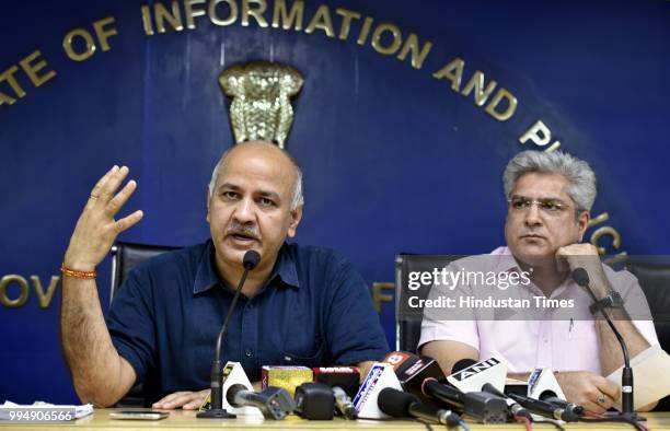 Deputy chief minister Manish Sisodia along with Kailash Gahlot speaks during a press conference on the plan of Delhi government to fund pilgrimage of...