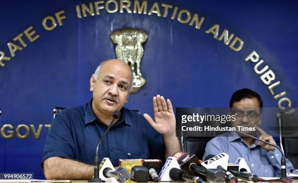 Deputy chief minister Manish Sisodia speaks during a press conference on "Mission Buniyaad" Campaign: Genesis, Process and Outcome on Delhi...