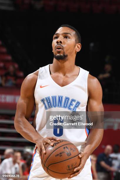 Phil Pressey of the Oklahoma City Thunder shoots a free throw against the Toronto Raptors during the 2018 Las Vegas Summer League on July 9, 2018 at...