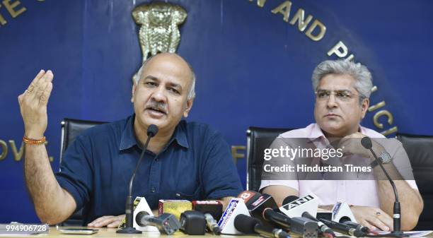 Deputy chief minister Manish Sisodia along with Kailash Gahlot speaks during a press conference on the plan of Delhi government to fund pilgrimage of...