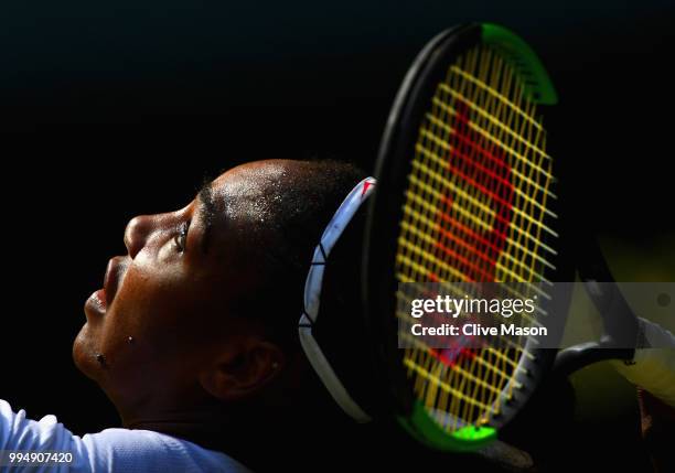 Serena Williams of the United States in action during her Ladies' Singles fourth round match against Evgeniya Rodina of Russia at All England Lawn...