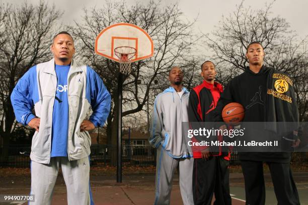 High School Basketball: Portrait of Simeon Career Academy Derrick Rose with his older brothers Reggie, Allan, and Dwayne during photo shoot in Murray...