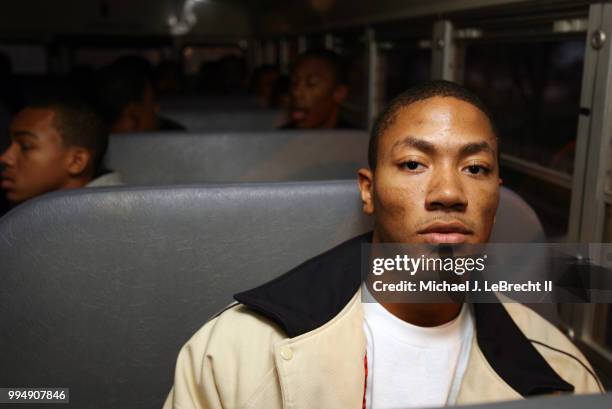 High School Basketball: Closeup portrait of Simeon Career Academy Derrick Rose on school bus after game at Ben Wilson Gymnasium. Chicago, IL CREDIT:...