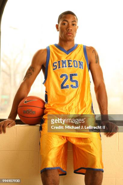 High School Basketball: Portrait of Simeon Career Academy Derrick Rose posing during photo shoot at Ben Wilson Gymnasium. Chicago, IL CREDIT: Michael...
