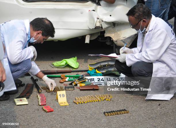 Arms recovered from gangster Dilpreet Singh's car while investigation at sector 43 on July 9, 2018 in Chandigarh, India. Dreaded gangster Dilpreet...