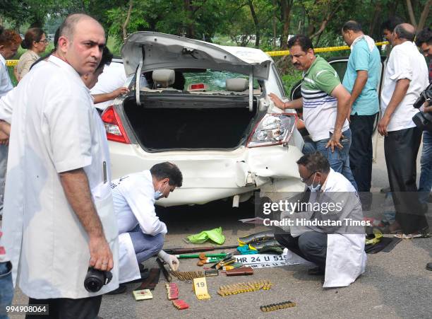 Arms recovered from gangster Dilpreet Singh's car while investigation at sector 43 on July 9, 2018 in Chandigarh, India. Dreaded gangster Dilpreet...