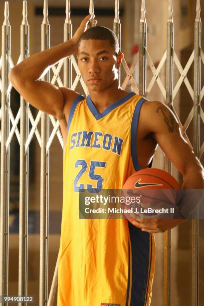 High School Basketball: Portrait of Simeon Career Academy Derrick Rose posing during photo shoot at Ben Wilson Gymnasium. Chicago, IL CREDIT: Michael...