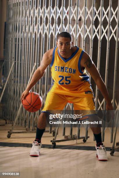 High School Basketball: Portrait of Simeon Career Academy Derrick Rose posing during photo shoot at Ben Wilson Gymnasium. Chicago, IL CREDIT: Michael...