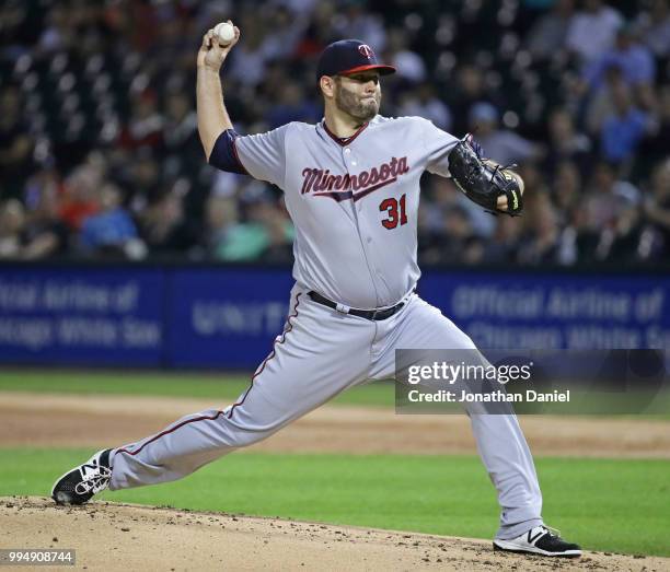 Starting pitcher Lance Lynn of the Minnesota Twins delivers the ball against the Chicago White Sox at Guaranteed Rate Field on June 26, 2018 in...