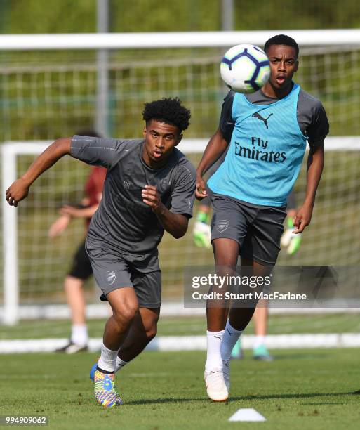 Reiss Nelson and Joe Willock of Arsenal during a training session at London Colney on July 9, 2018 in St Albans, England.