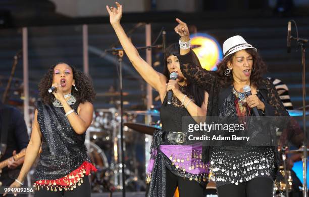 Tanya Tiet, Debbie Sledge and Kim Sledge of Sister Sledge perform during Classic Open Air at Gendarmenmarkt on July 9, 2018 in Berlin, Germany.