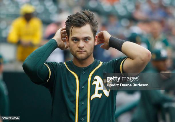 Chad Pinder of the Oakland Athletics before a game ;at at Comerica Park on June 27, 2018 in Detroit, Michigan.
