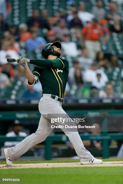 Dustin Fowler of the Oakland Athletics bats against the Detroit Tigers at Comerica Park on June 27, 2018 in Detroit, Michigan.