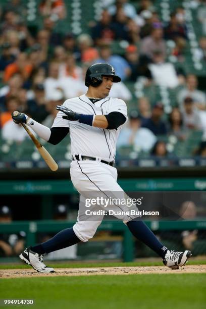 Victor Martinez of the Detroit Tigers swings for a strike against the Oakland Athletics at Comerica Park on June 27, 2018 in Detroit, Michigan.